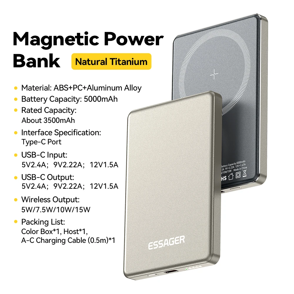 Essager Thin Wireless Power Bank Magnetic 20W 5000mAh Portable Fast Charging External Battery for Magsafe For iPhone 17 16 15 14