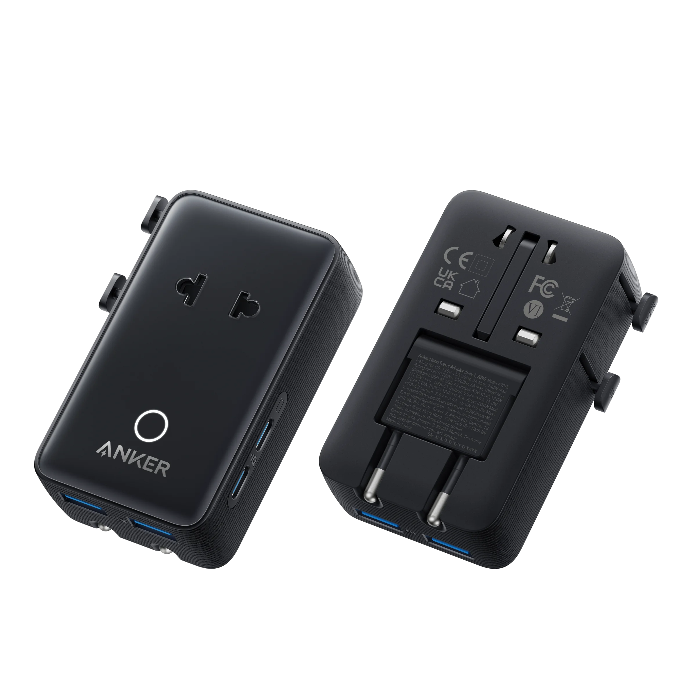 Anker Nano Travel Adapter, 5-Port Power Adapter with 1× 2-Pin AC, 2 USB A, 2 USB C for 20W, Smart Temperature Control,A9215