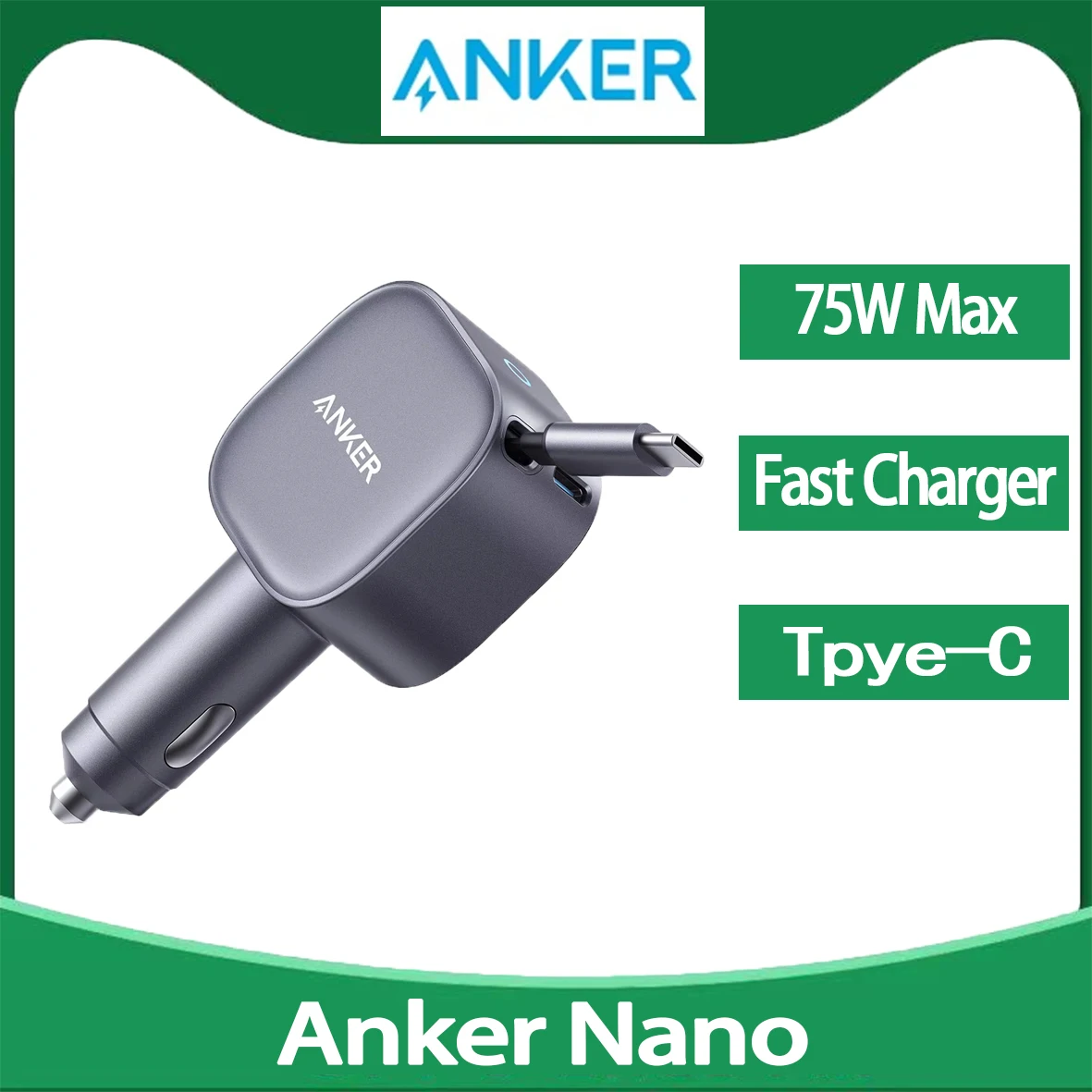 Anker USB-C Car Charger 75W Max Ultra-Compact Type-C Fast Charger with Built-in Retractable USB-C Cable for iPhone 16/15 Series